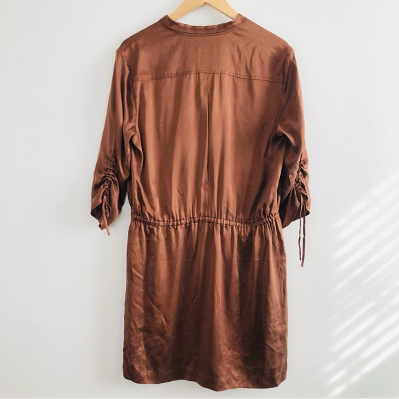 [Ann Taylor] Copper Silk Button Front Gathered Waist Drawstring Sleeve Dress - Picture 6 of 6